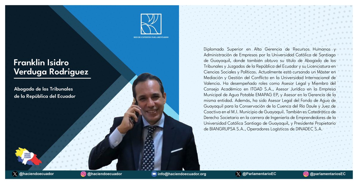 ParlamentarioEC's tweet photo. Damos la bienvenida al Abogado Franklin Verduga @frankkverduga quien se integra a esta #redexpertosparlamentariosec para contribuir desde su experiencia en varios organismos públicos y privados. https://t.co/YhmogY1IIx