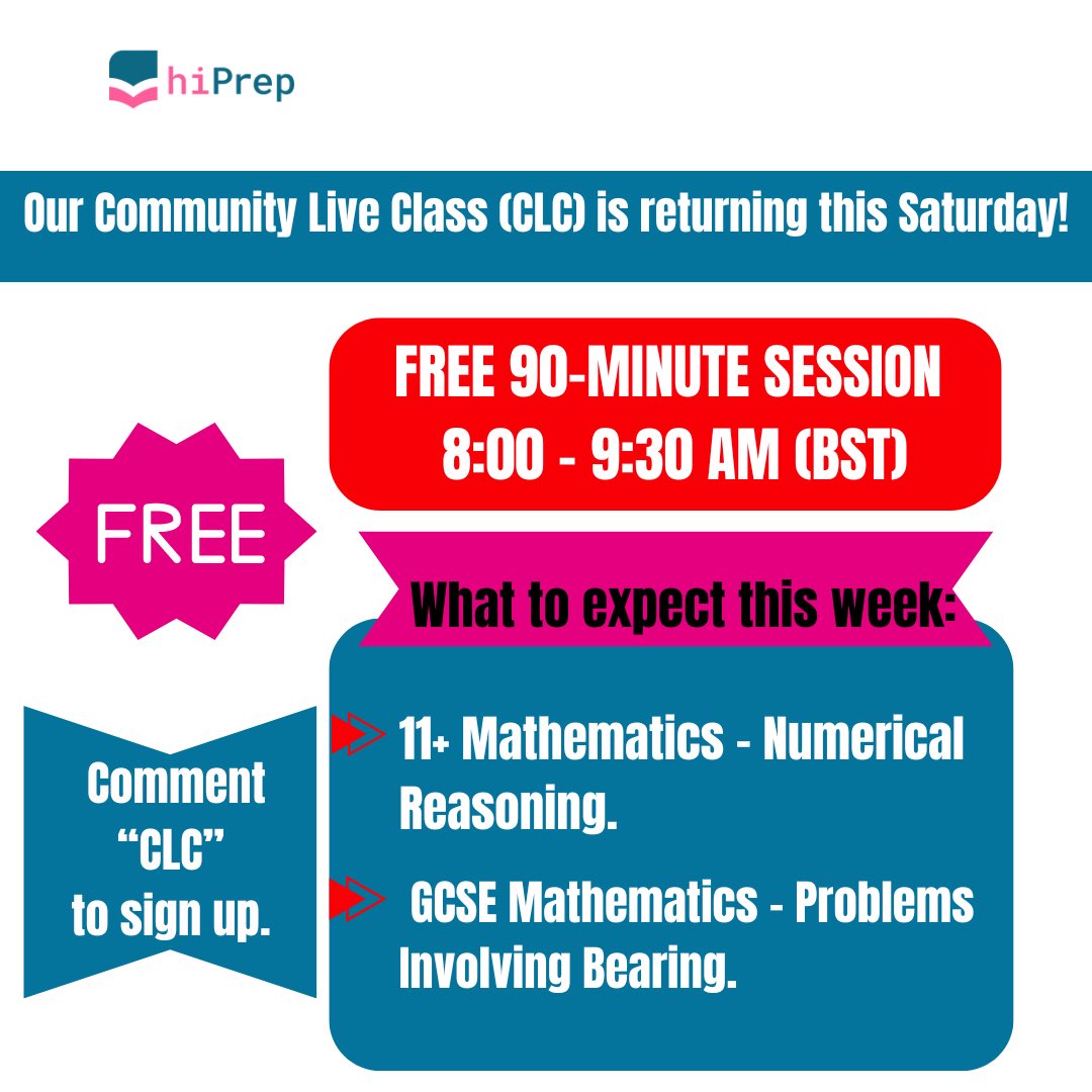 HiprepOnline's tweet photo. Exciting News! π
Our free Community Live Class is back tomorrow! πππππΏ
Join our free 90-minute session this Saturday from 8:00-9:30 am.
Dont miss it for anything!
Comment βCLCβ to join.
#hiprep #onlinelearning #freeliveclass #gcse #11plus #sats #mathtutor #gcsetutor https://t.co/HrEbguTum7