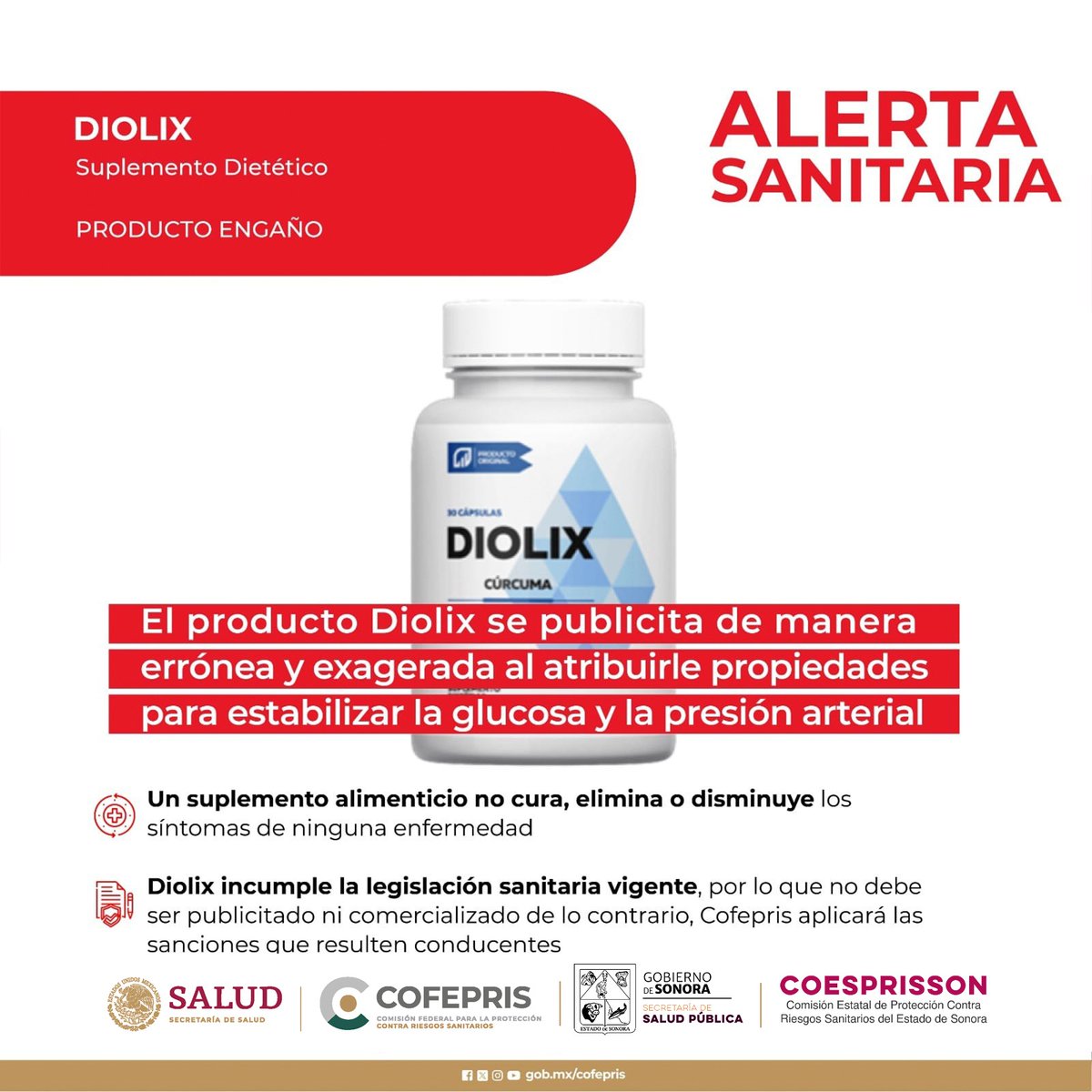 COESPRISSON's tweet photo. 🚨#CofeprisAlerta🚨
Sobre producto engaño con supuestas propiedades para controlar diabetes e hipertensión.
👉https://t.co/GoB3pBAmGK https://t.co/Q5TRwVBhGQ