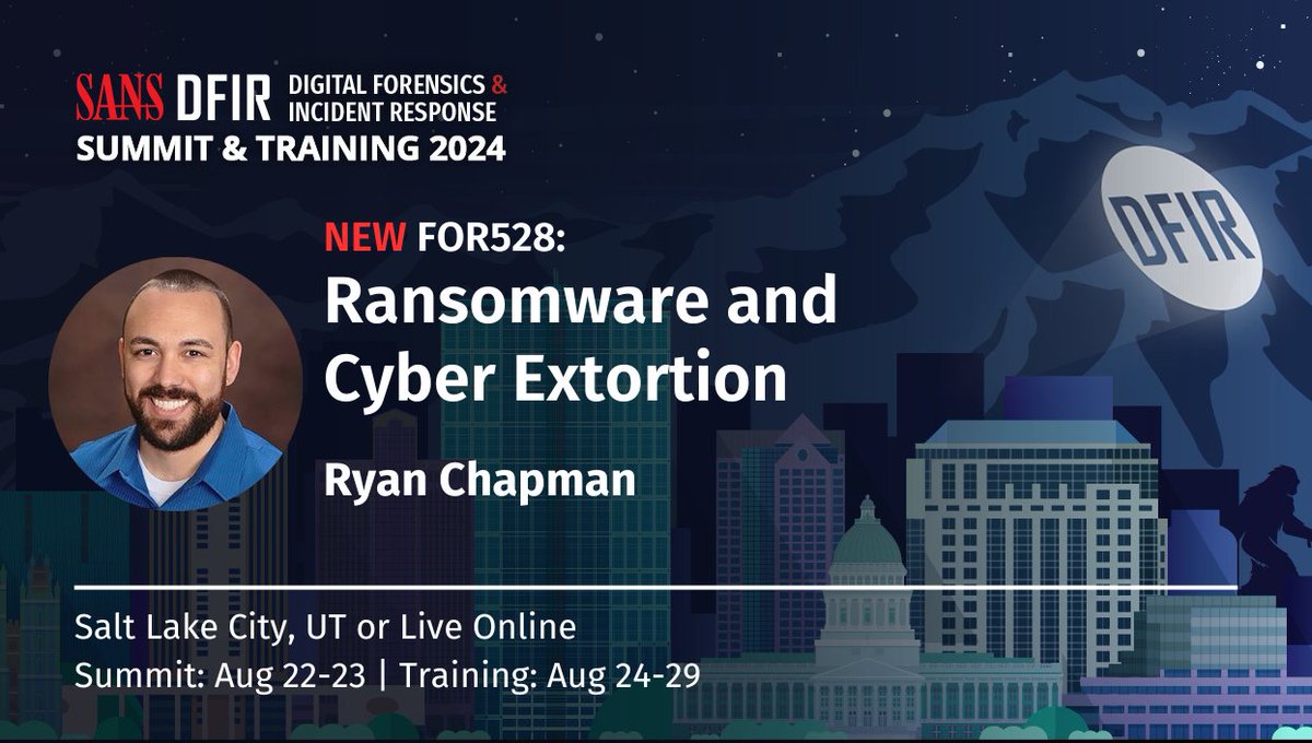 sansforensics's tweet photo. Special #DFIRSummit Offer: Save $600 on all 4-6 day courses at the Summit
Register now! 👉https://t.co/1aazr5Mzci and pay by August 18, 2024!
Use code "LIVEQ324" at check out to take #FOR528: #Ransomware and #CyberExtortion course with
@rj_chap
#DFIR https://t.co/6nPN3wVEry