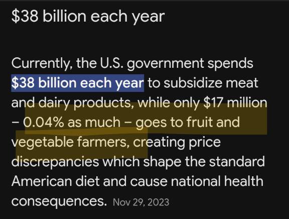 MeggGawat's tweet photo. Meat gets over 2000 times more in subsidy than fruits and vegetables. If we subsidized plant foods by the same amount they’d basically be free.

#vegan #govegan https://t.co/L5kFXJuUfF