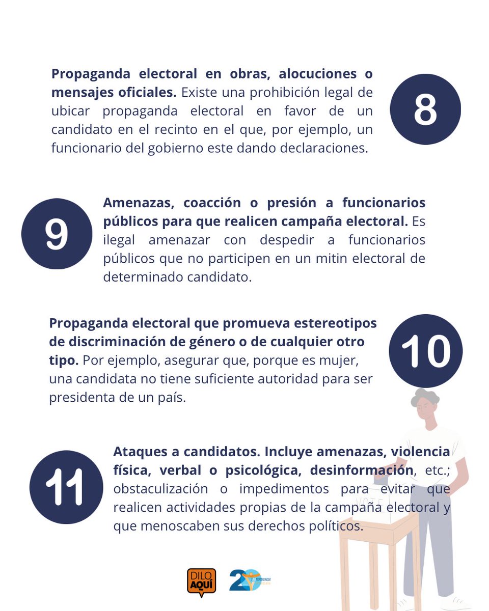 NoMasGuiso's tweet photo. 🤔 ¿Sabes cómo se ve la corrupción electoral?

Te ayudamos a identificar 11 delitos asociados a la corrupción en el contexto electoral.

Puedes denunciar estos ilícitos a través de nuestra aplicación #DiloAquí, por el correo 📨Denuncia@transparenciave.org o al +584123122629 https://t.co/2j3ZdwacFD