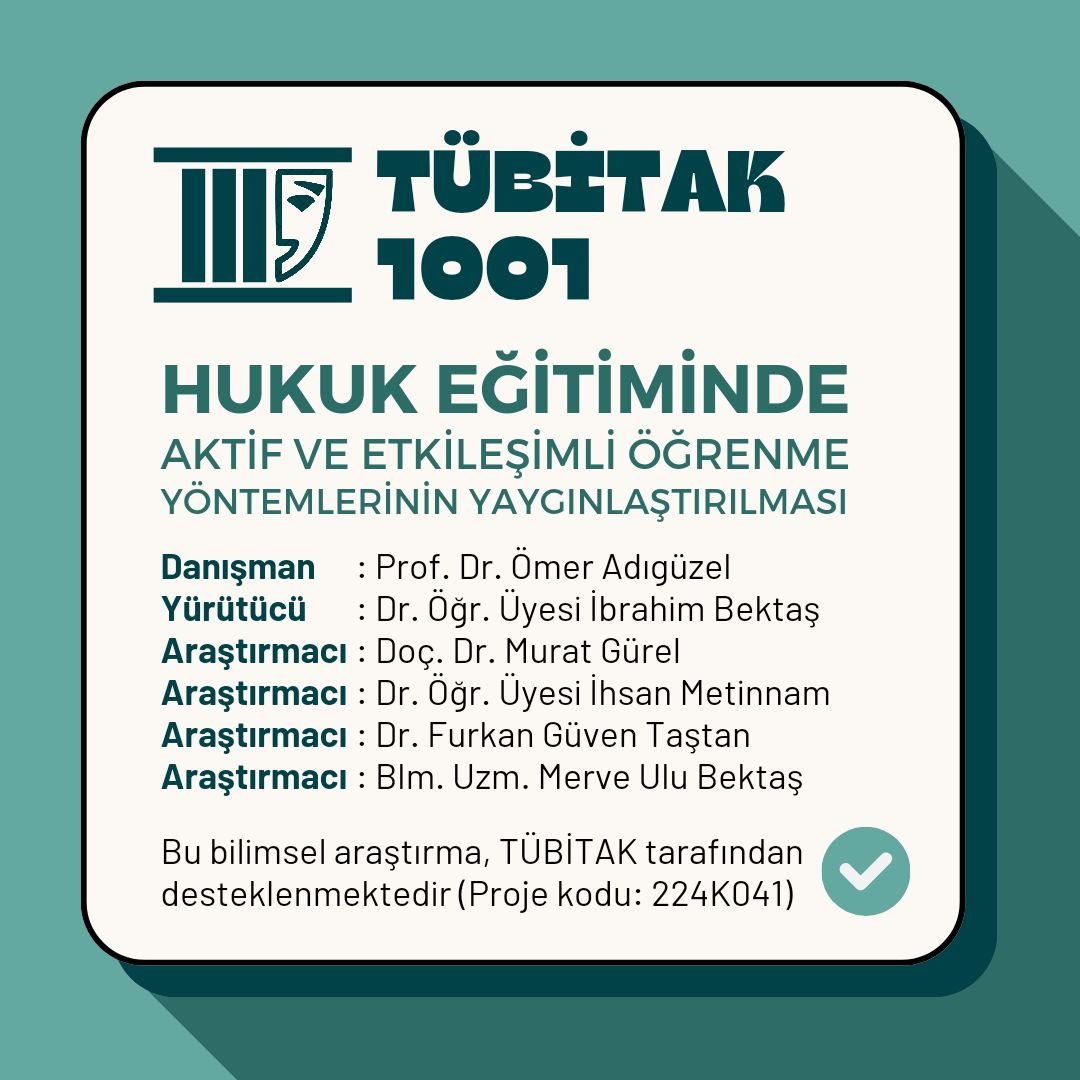 Yeni proje! 🎉

Fakülte'den sıra arkadaşım Dr. Öğr. Üyesi İbrahim Bektaş'ın yürütücülüğünü yaptığı "Hukuk Eğitiminde Aktif ve Etkileşimli Öğrenme Yöntemlerinin Yaygınlaştırılması" başlıklı bilimsel araştırma projesi, TÜBİTAK tarafından desteklenmeye hak kazandı.
