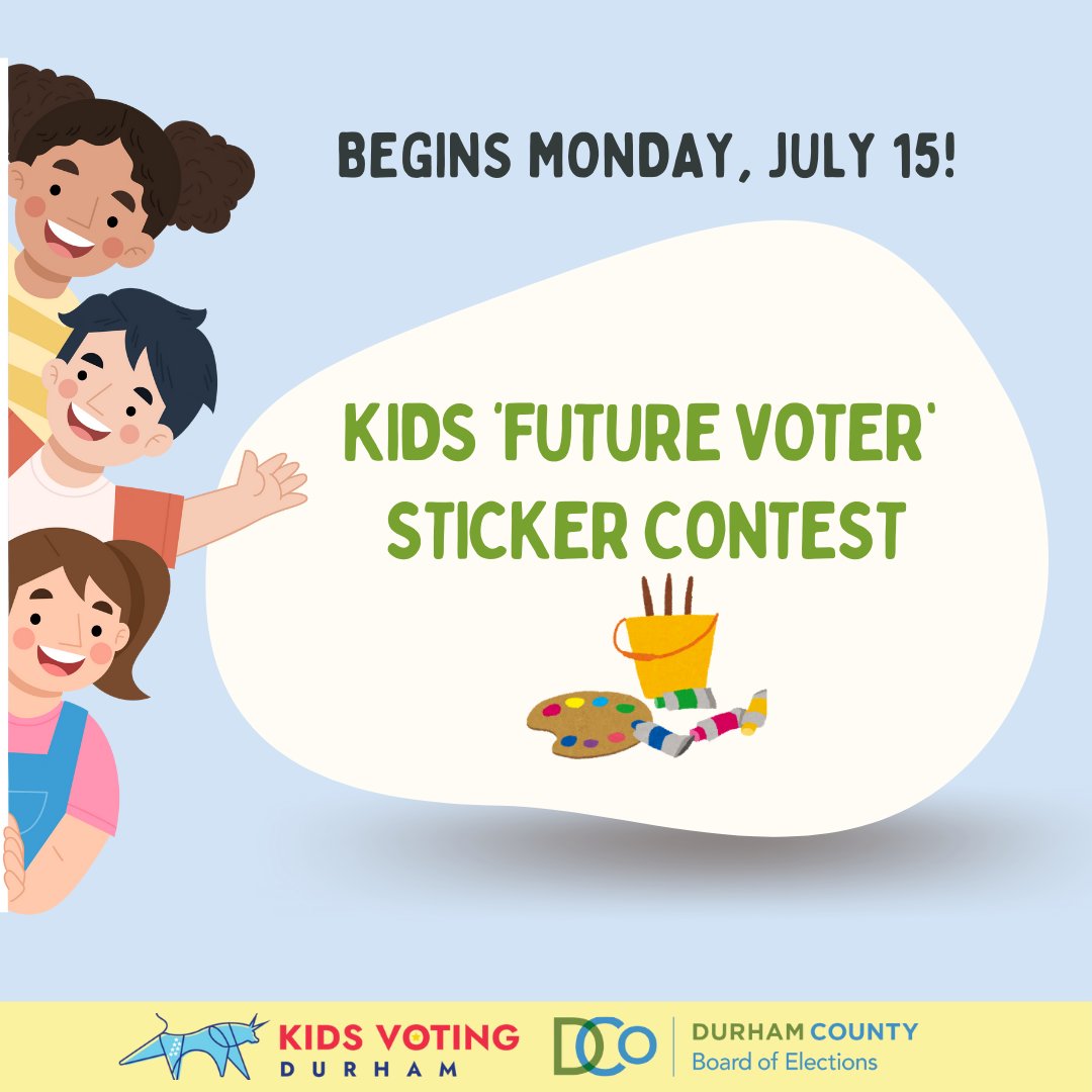 Get ready, Durham County kids… the sticker design contest is back!🖌️

The 'Future Voter' sticker design contest begins next week! Full details including guidelines and how to submit a design will be revealed this coming Monday, July 15. Stay tuned! 
<a href="/KidsVotingDurha/">Kids Voting Durham</a>