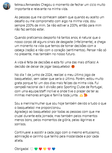 SCPBasquetebolF's tweet photo. A nossa capitã, Telma Fernandes, despede-se da prática do Basquetebol.

Obrigado pelo tanto que tiveste a oferecer, @TelmaSofia0301 !💚 #BasquetebolFemSCP https://t.co/8TFa1PmUsj