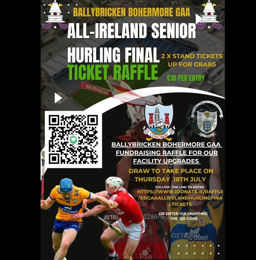 BallybGAA's tweet image. Ballybricken Bohermore GAA Club are holding a mini raffle for TWO All Ireland Hurling Final Tickets for the much anticipated final between Cork and Clare on Sunday 21st July 2024.

Click below to enter:

idonate.ie/raffle/BBGAAAl…