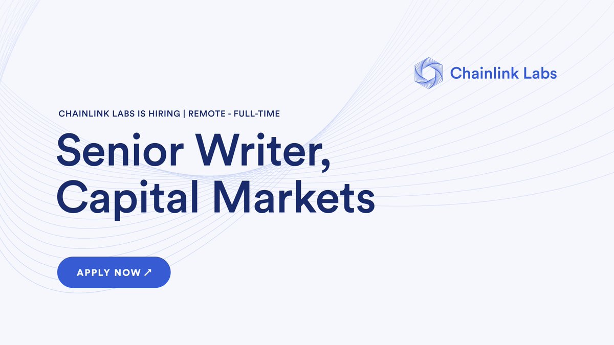chainlinklabs's tweet image. We are looking for a Senior Writer for Capital Markets to create, review, and amplify a wide range of media around #Chainlink’s role in underpinning the future of global markets.

If you have professional experience in the finance industry, apply now: jobs.lever.co/chainlink/ed6e…