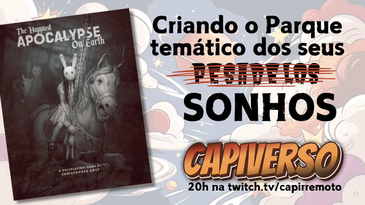 capirremoto's tweet photo. Venha ajudar as capivaras @CamilaMakie @LolokaJF Skull e @dudscapirremoto a construir o parque mais (m̶a̶c̶a̶b̶r̶o̶ ) divertido de todo o #capiverso com #TheHappiestApocalypseonEarthRPG da @HuginneMuninnEd
Hoje as 20h na https://t.co/gWdvlWlU4R https://t.co/6ediyu9PLx