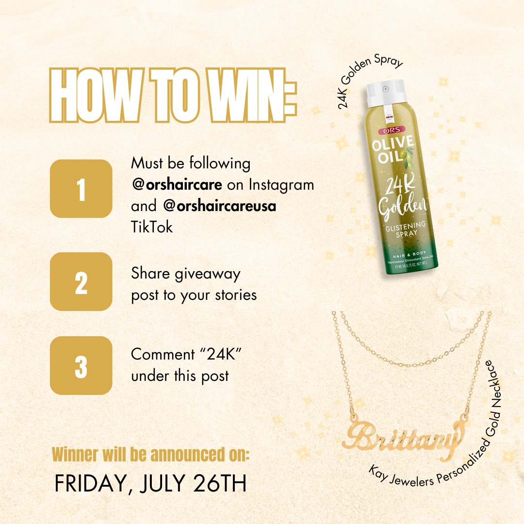 Enter for a chance to win our summer favorite, 24K Golden Glistening Spray, an ORS beach towel, and a @kayjewelers personalized gold necklace ✨✨✨ 

The winner will be announced Friday, July 26th 🏆️
l8r.it/F0XY