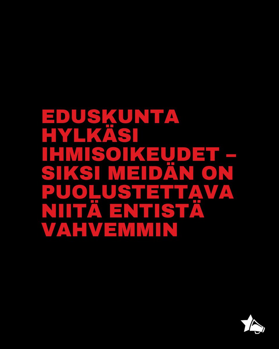 Eduskunta hylkäsi ihmisoikeudet – siksi meidän on puolustettava niitä entistä vahvemmin.

Lue Vasemmistonuorten kannanotto: vasemmistonuoret.fi/eduskunta-hylk…