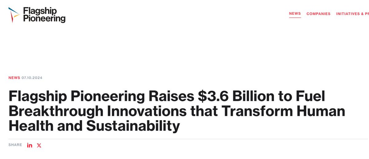 Congrats to <a href="/FlagshipPioneer/">Flagship Pioneering</a> for raising $3.6B to create 25 new companies in health, sustainability, and #AI.

They've driven innovation in 100+ biotechs with pioneering science and #machinelearning.

Excited to see their next scientific breakthroughs!

flagshippioneering.com/news/press-rel…