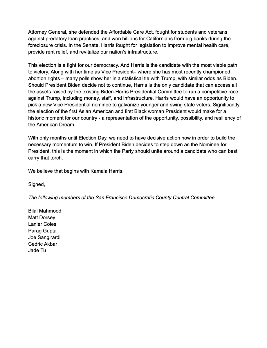 bilalmahmood's tweet photo. It's time for Biden to pass the torch.

Today, 7 elected members of the @SFDemocrats, authored a letter to the DNC.

Our statement: should @JoeBiden decide not to continue, we believe @KamalaHarris should take his place as the Democratic Candidate for President.

Here's why. 🧵 https://t.co/0llUI0ZjkZ
