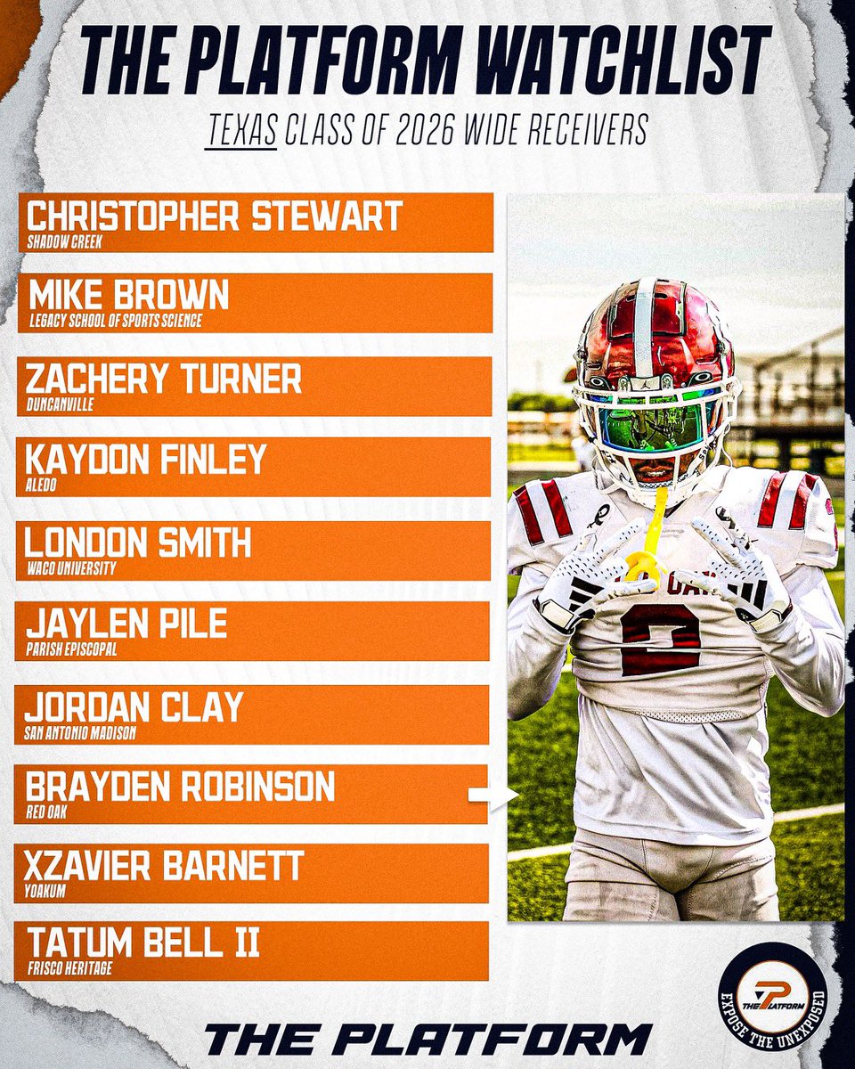 #ThePlatform 26 WR Watchlist
<a href="/xzavier_barnett/">X’Zavier Barnett</a> <a href="/jaylenpile2026/">Jaylen Pile</a> <a href="/KaydonFinley/">Kaydon Finley</a> <a href="/C1JS_/">Christopher Stewart</a> <a href="/_Quick6ix/">Brayden “Quick6ix” Robinson⚡️</a> <a href="/Jordan_clay11/">Jordan Clay 4⭐️</a> @Tatumbelljr <a href="/London_Smith1/">London Smith</a> <a href="/MichaelPBrown_2/">Mike Brown</a> <a href="/zachturner2026/">Zachery Turner</a> 

Some of the top playmakers in Tx

<a href="/Marchen44/">On Da Marc Sports🏈</a> ✍🏾
<a href="/madge_designs/">MADGE designs - sports graphics</a> 🎨
#DRSportz 

theplatform.drsportz.com/2024/07/12/the…