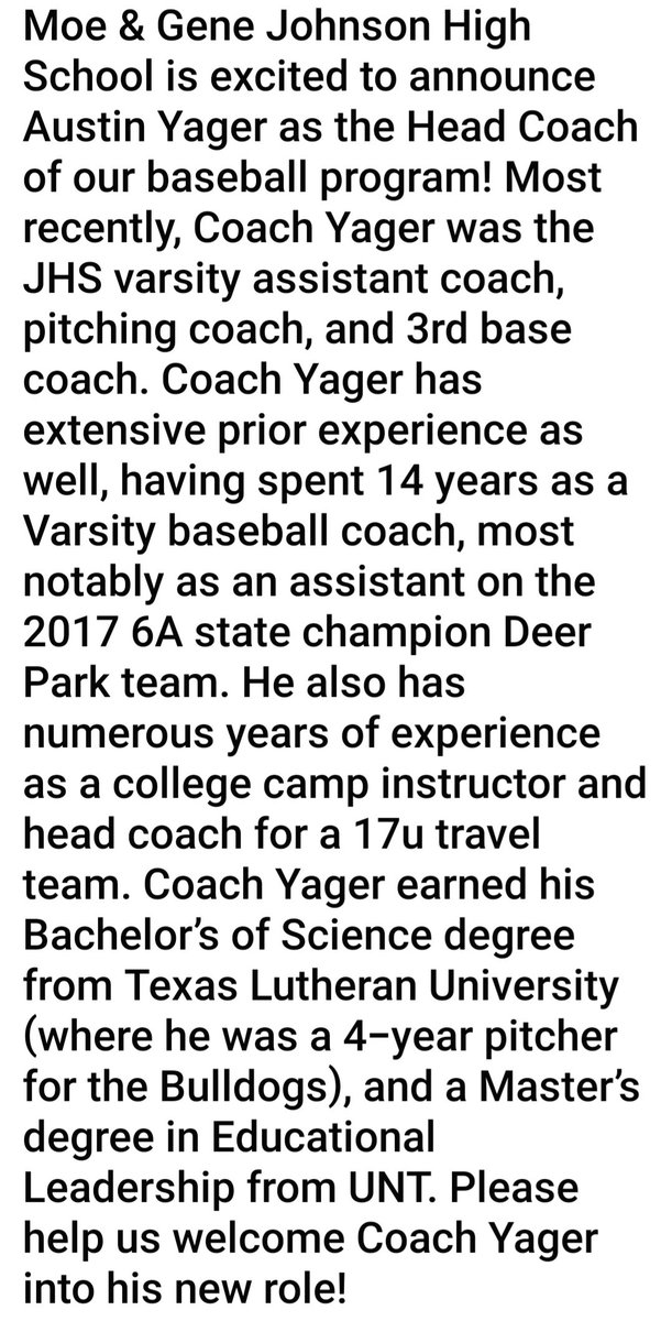 Welcome Coach Yager as the new head coach of baseball at Johnson. GO JAGS!! 
<a href="/HaysCISD/">Hays CISD</a> <a href="/Pierce_HCISD/">HCISD_Area 4</a>