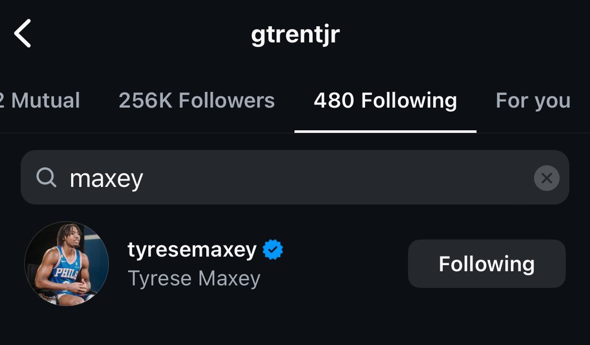 AidanLaPorta69's tweet photo. Gary Trent Jr recently followed Maxey and Drummond 

@SixersJustin https://t.co/JPhf4NmNsI