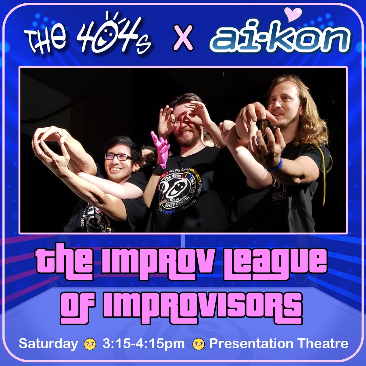 the404s's tweet photo. Heads up! We're back at @aikonwinnipeg
this weekend and have FOUR shows planned, plus some juicy comedy surprises in store. Check out the show posters for all the details!   #aikon2024 #anime #improv #fandom #winnipeg https://t.co/jr7QaPGkrm