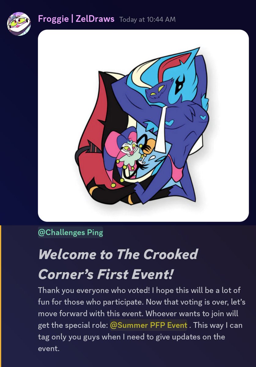 tccofficialtwt's tweet photo. Hello! We have our very first event in The Crooked Corner Discord Server!

Have you ever wanted to join a server where everyone ships #Fizzarozzie and have conversations about it? Well I have the server for you! (18+ only!)

https://t.co/bShuoVAOPF

#Fizzmodeus #HelluvaBoss

1/2 https://t.co/LIXrk6weoL