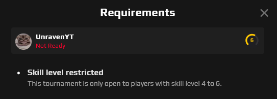 UnravenY's tweet photo. Im having problems joining a faceit tournament in rocket league.  It says that im not ready in the team and the reason is that, skill  level restricted, this tournament is only open to players with skill  level 4 to 6. I am level 6 in Rocket league. @FACEIT @FACEIT_Darwin https://t.co/pVlSoqHwp9