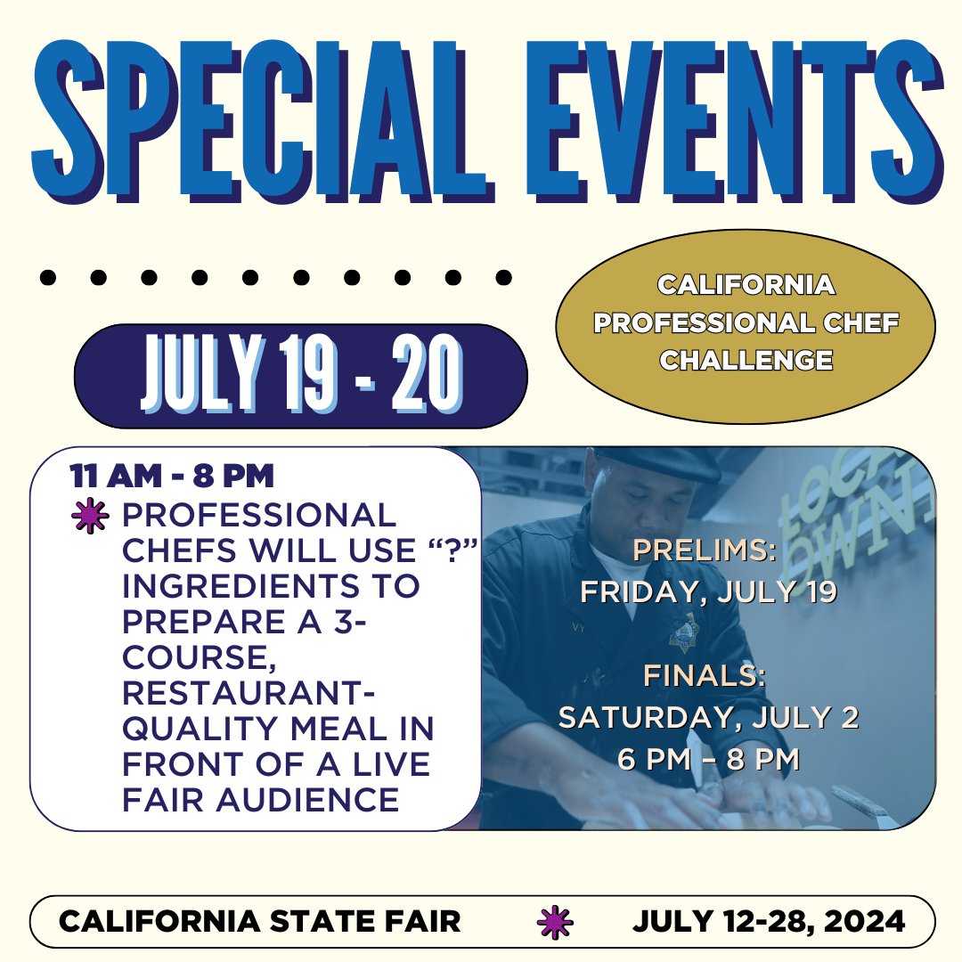 CAStateFair's tweet photo. Experience the artistry of professional chefs as they create a 3-course, restaurant-quality meal live at Save Mart California's Kitchen @savemart during the California State Fair. More Info: https://t.co/W3YhWnqGSJ 🍽️ #savemart #CACookingComp #CAStateFair https://t.co/OeA8F1PiI3