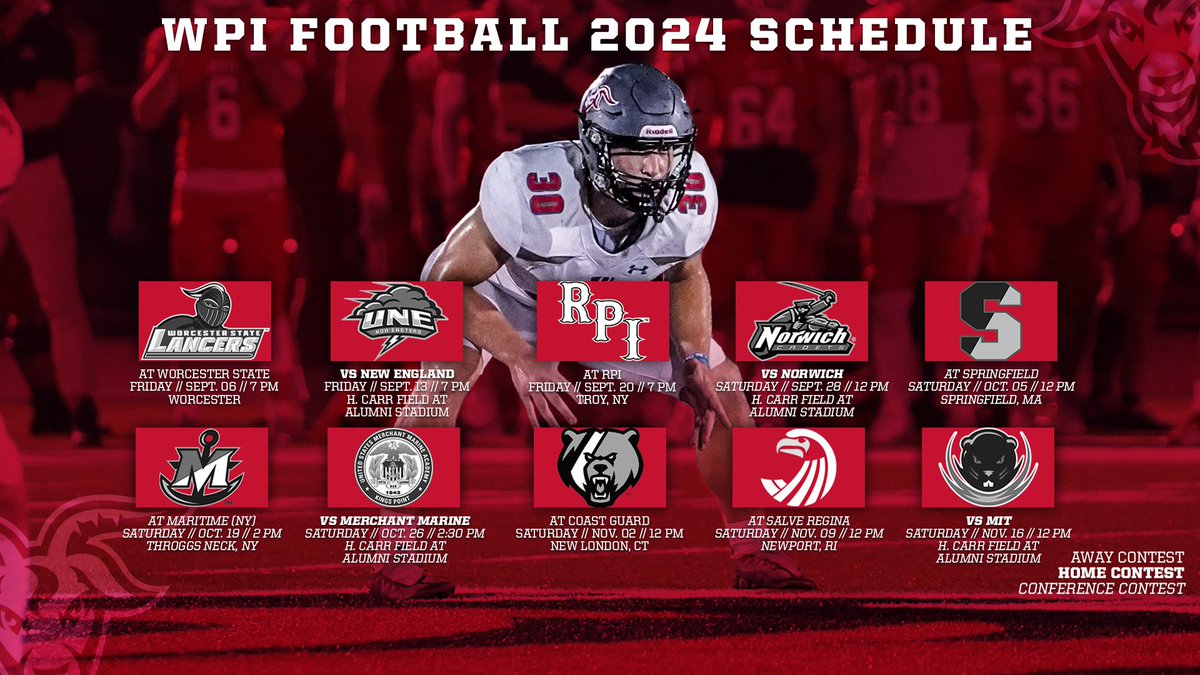 🚨SCHEDULE RELEASE🚨

<a href="/WPIFootball/">WPI Football</a> takes the gridiron at Worcester State in 56 days!👀

See full details at athletics.wpi.edu! 

🏈𝚡🐐
#GoatNation #d3fb