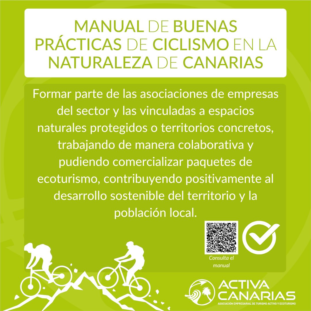 canarias_activa's tweet photo. Buenas prácticas en actividades de ciclismo en la naturaleza para empresas de #turismoactivo (15/18)

#ActivaCanarias participó en la elaboración de este manual, impulsado por la Consejería de Transición Ecológica y Energía del Gobierno de Canarias y Gesplan https://t.co/DYjSwrAoDd