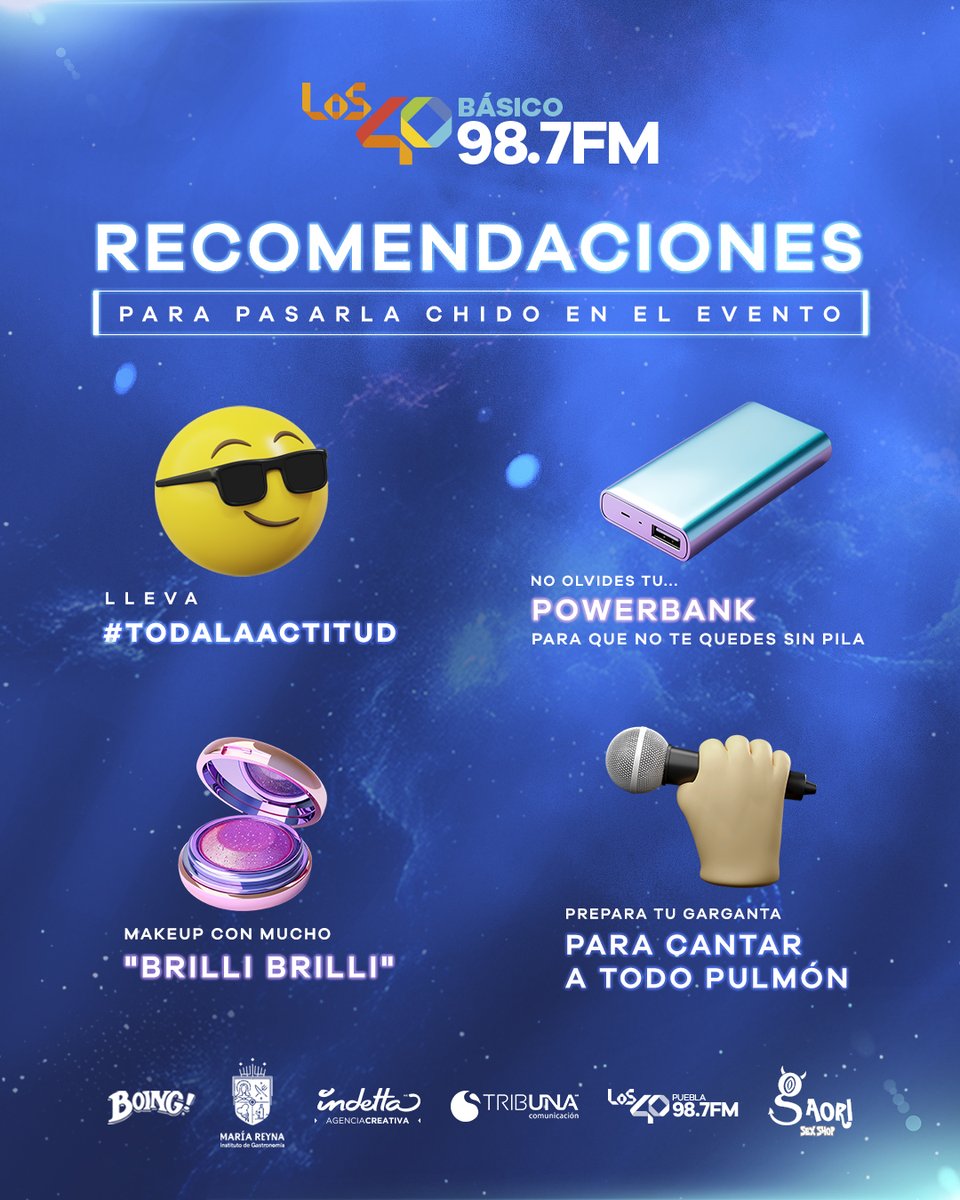 Los40_PueblaFM's tweet photo. Aquí te dejamos estas recomendaciones para pasarla chido en #LOS40Básico 🤩🎶
¡Este consejo te doy porque tu #Tio40 soy! ♥
📍 Zuntra Pop Club
📅 12 Julio
⏰️ 8PM
#LOS40Puebla #SentidosOpuestosConLos40 #ShowCase #Básico40Pue #zuntra #987FM #música https://t.co/z3uCVpsTLT