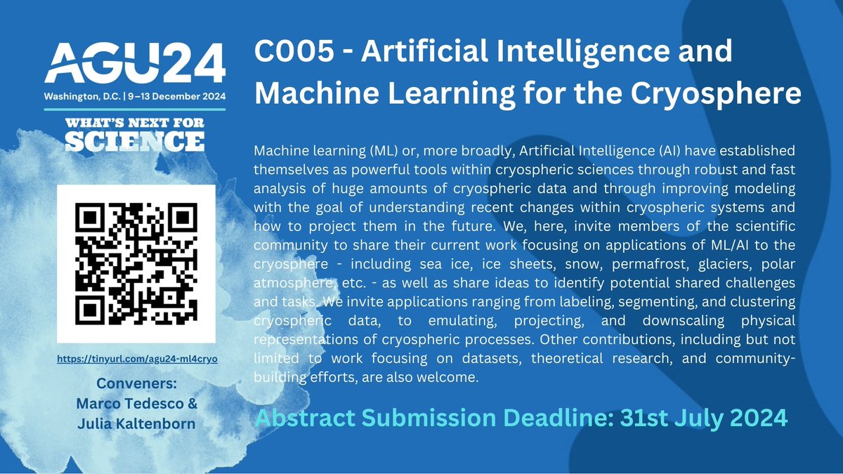 Julia Kaltenborn (@juliakaltenborn) on Twitter photo Call for all folks working on Machine Learning for the Cryosphere ❄️🏔️: Submit your abstract to the #agu24 Session C005 by July 31st!
➡️tinyurl.com/agu24-ml4cryo
Co-conveners: Marco Tedesco (<a href="/Cryocity/">NYC Cryosphere Lab</a>), Julia Kaltenborn Call for all folks working on Machine Learning for the Cryosphere ❄️🏔️: Submit your abstract to the #agu24 Session C005 by July 31st!
➡️tinyurl.com/agu24-ml4cryo
Co-conveners: Marco Tedesco (<a href="/Cryocity/">NYC Cryosphere Lab</a>), Julia Kaltenborn