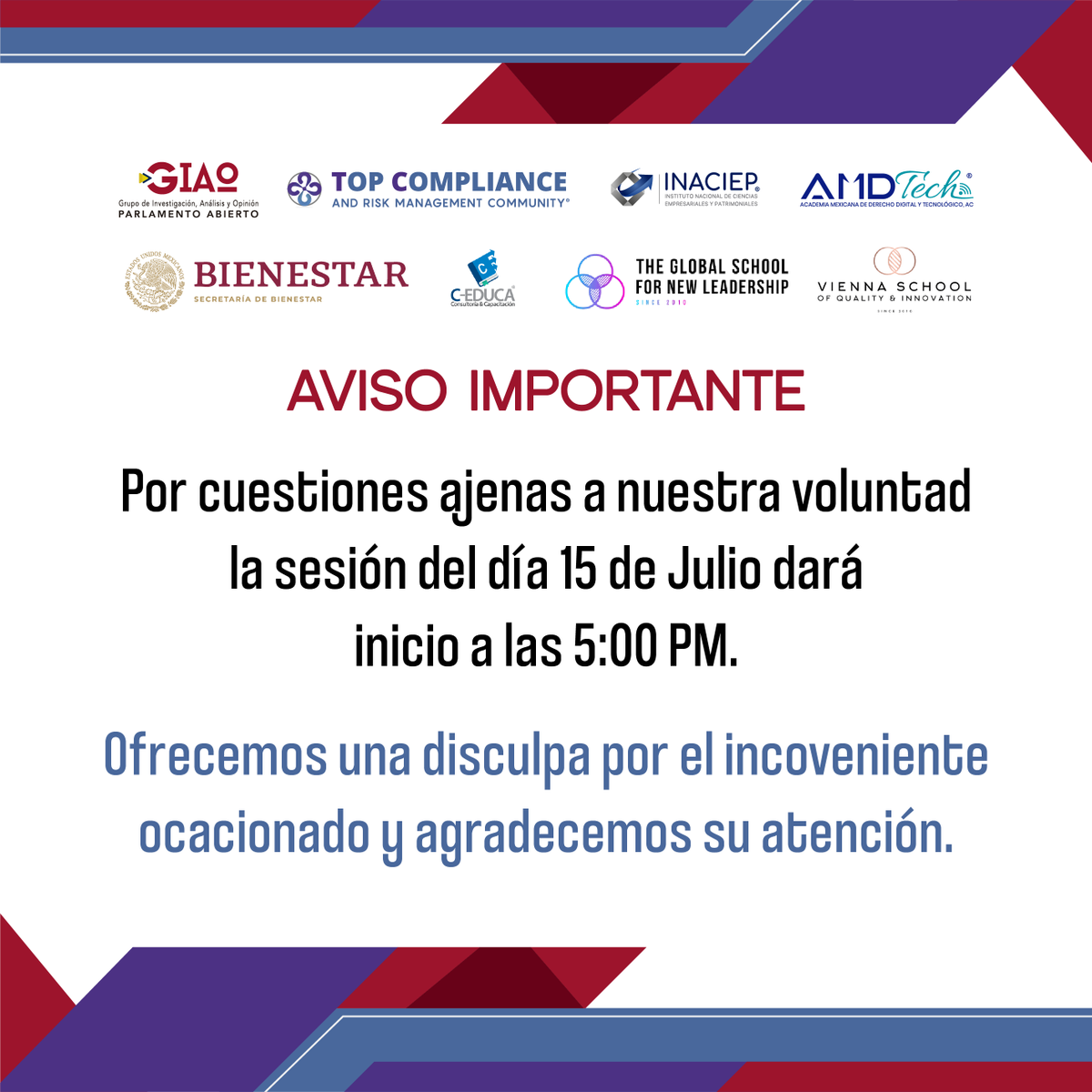 _TopCompliance's tweet photo. 🚨Aviso importante a todos los participantes del  4to. Diplomado para la Formación Integral de Oficiales de Cumplimiento Normativo, Transparencia, Anticorrupción y en Alta Dirección. Con opción a certificación. (FIOC)🚨 https://t.co/EvjgjFMbRA