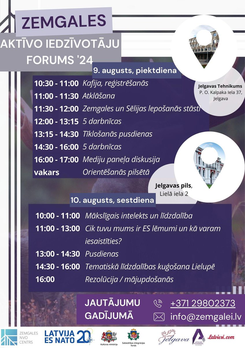 Zemgales aktīvo iedzīvotāju forums 

9., 10. augustā notiks ilgadējais reģiona forums. Iespēja sastapt vairāk kā 40 sabiedriskas organizācijas, piedalīties darbnīcās par līdzdalību ES un kuģot pa Lielupi ⛵️, iepazīt NVO

➡️ ej.uz/iedzivotaju_fo…
Satiksimies Jelgavā!