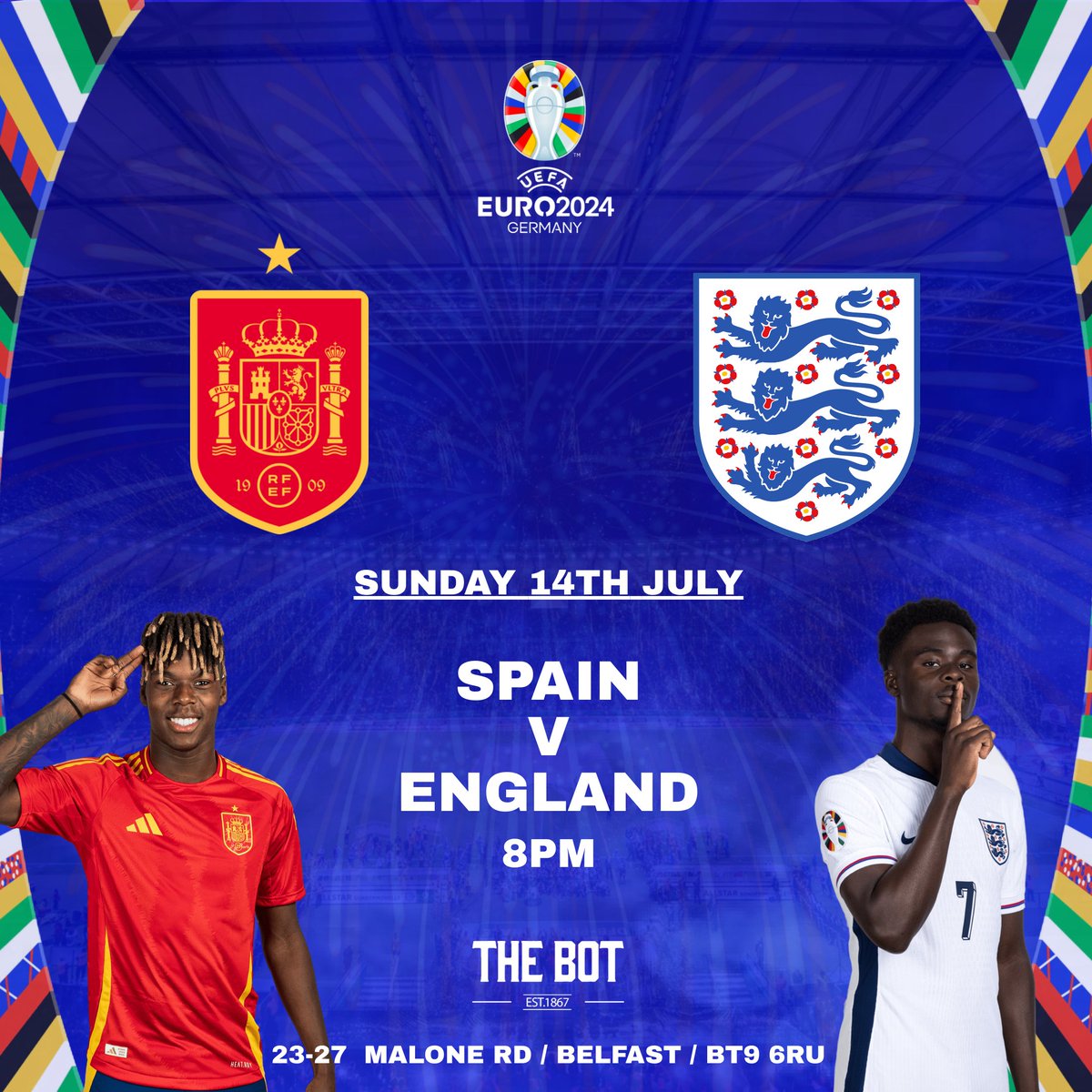 The Botanic Inn (@botanicinn) on Twitter photo Don't say it ๐
This Sunday 14th July it's the Euro 2024 Final ๐
Spain ๐ช๐ธ V England ๐ด๓ ง๓ ข๓ ฅ๓ ฎ๓ ง๓ ฟ
Live from 8pm ๐
We expect a big crowd, so get your table booked now to avoid disappointment ... Contact info@thebotanicinn.com or get in touch through our socials ๐ค Don't say it ๐
This Sunday 14th July it's the Euro 2024 Final ๐
Spain ๐ช๐ธ V England ๐ด๓ ง๓ ข๓ ฅ๓ ฎ๓ ง๓ ฟ
Live from 8pm ๐
We expect a big crowd, so get your table booked now to avoid disappointment ... Contact info@thebotanicinn.com or get in touch through our socials ๐ค