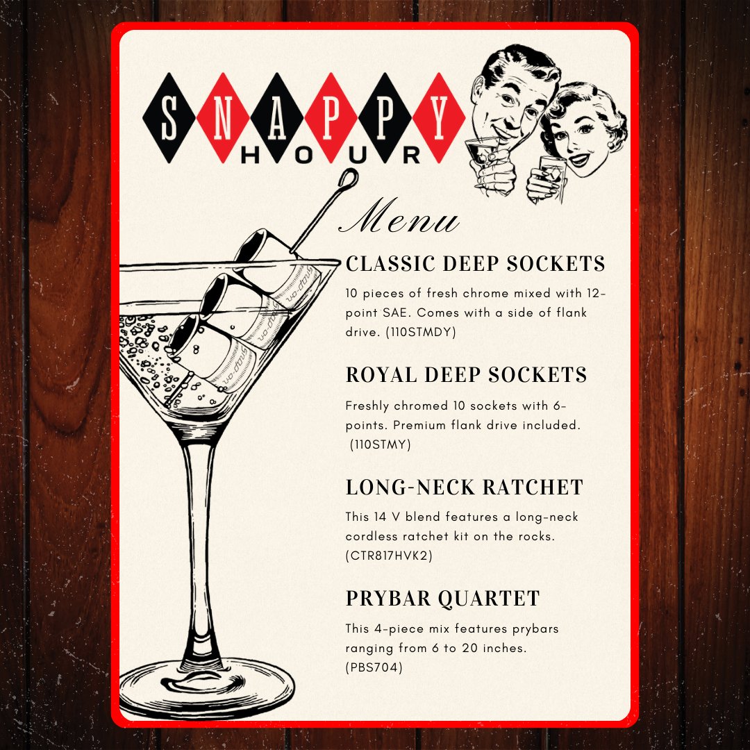 Snapon_Tools's tweet image. Visit your Snap-on truck for these  menu items.  Remember, It's always Snappy Hour somewhere!  🍻   #Snapon #sockets #ratchet #prybar