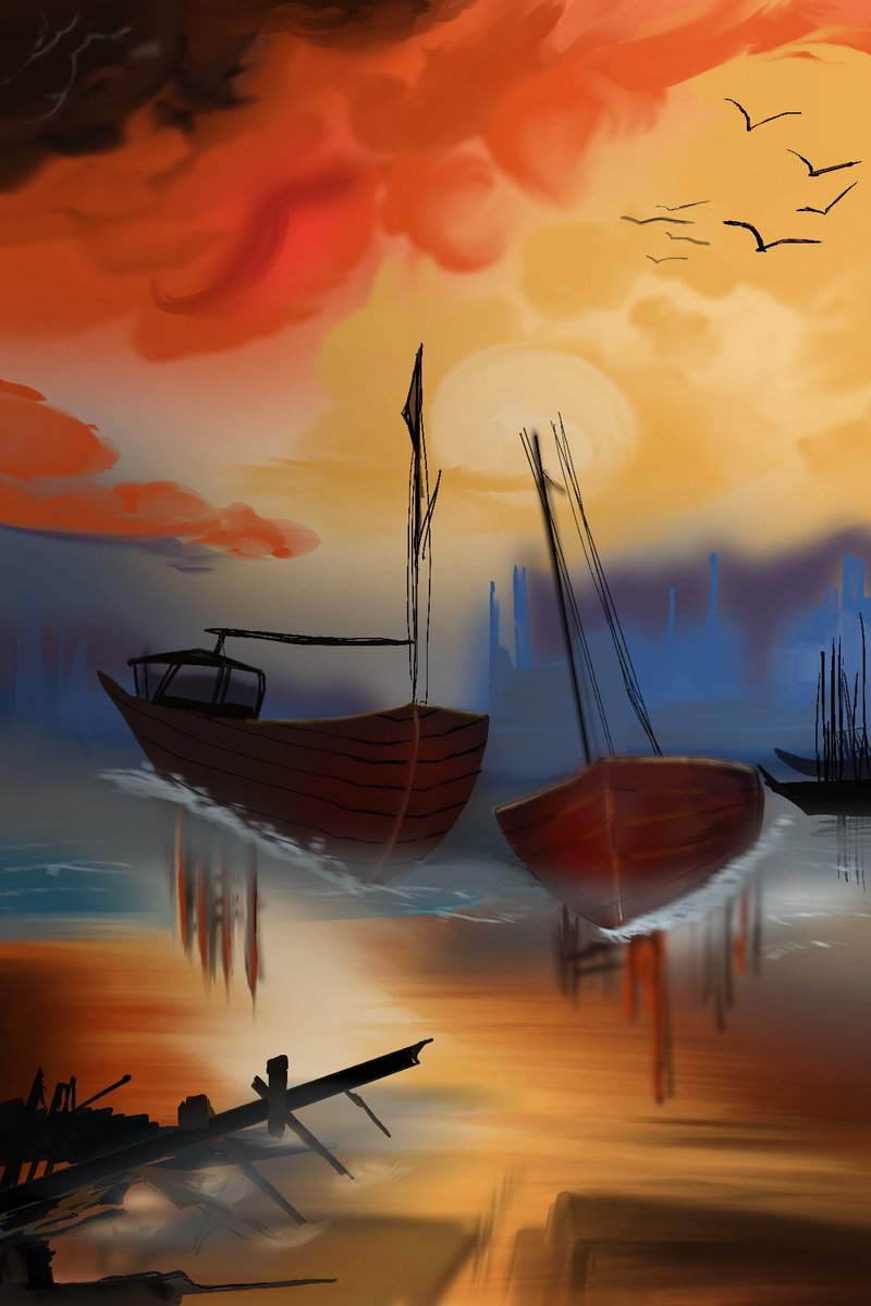 Art practice: finding my way back into art. Day 03
A docking station during sunset
Illustrated in Procreate <a href="/Procreate/">Procreate</a> 
Time : 1 hours, 25 minutes 
.
.
.
.#art #illustrationart
#artists #illustration #painting #nft #Procreate #digitalart #artists #landscape #cgart