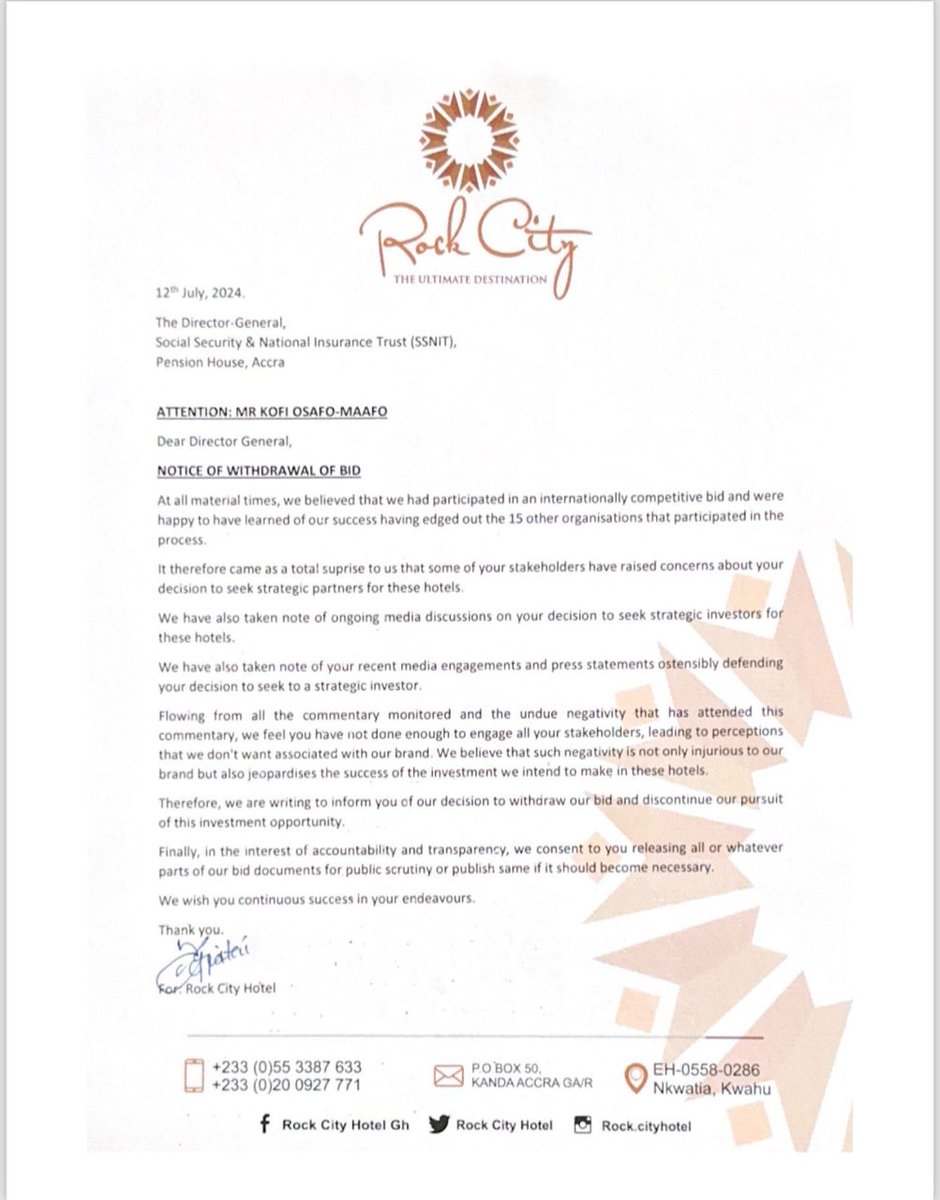 Citi973's tweet photo. Rock City withdraws bid to purchase SSNIT Hotels
#CitiNewsroom https://t.co/ta0kZqpv8Y