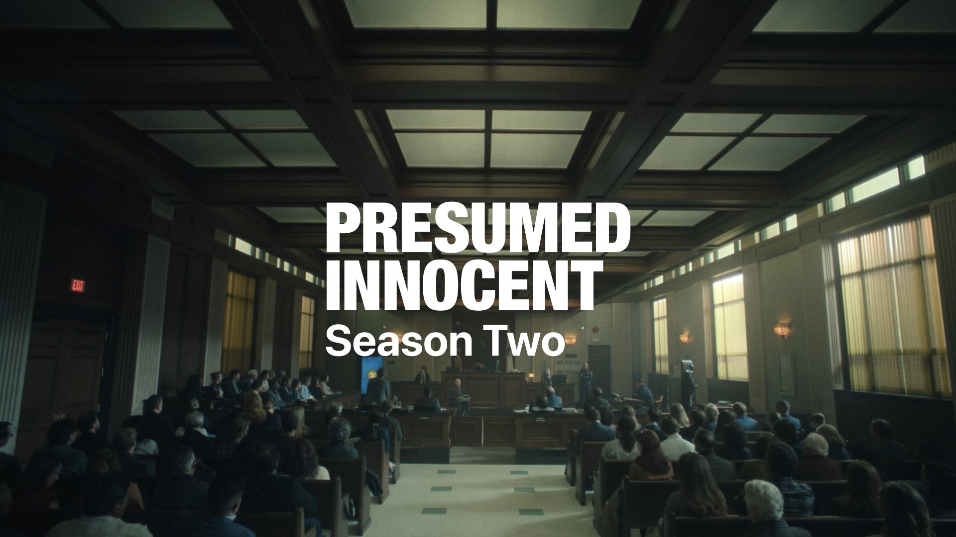 A shot of the courtroom from Presumed Innocent. Text on screen says "Presumed Innocent Season Two".