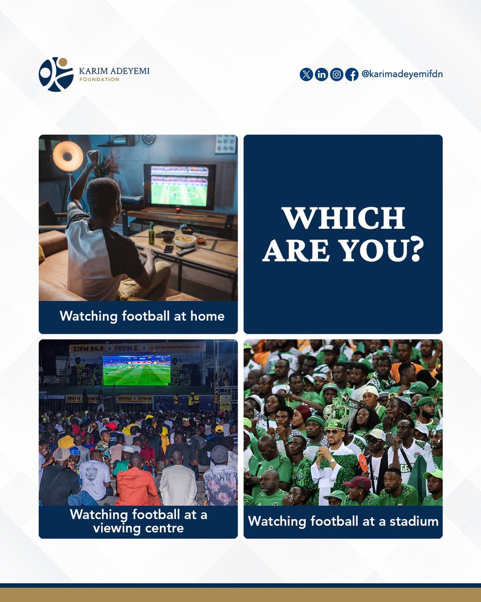 karimadeyemifdn's tweet image. There are 3 types of people when the Game Vibe hits.⚽️ 

Which are you? 

A. Watching from home 

B. Braving the stadium for a firsthand experience 
 
C. Off to a viewing centre to watch with co-fans 

#Gamevibes #Footballfan #Football #KAF