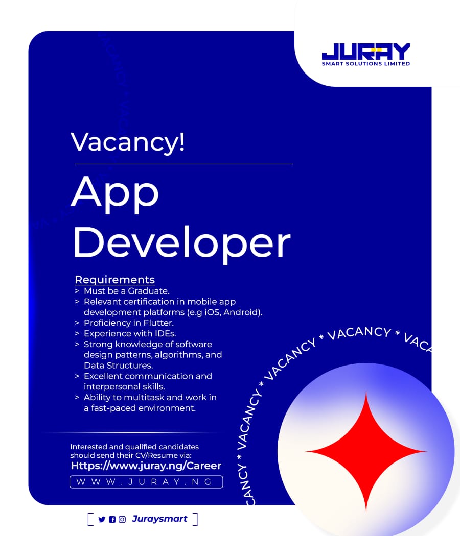 SmartJuray's tweet photo. WE ARE HIRING!

Join our dynamic team as an App Developer. Do you have the skills and meet the basic requirements, we want to hear from. Candidates must be based in Abuja or willing to relocate.

Location: Abuja
Apply now and take your career to the next level with us! https://t.co/b72CCyccwY