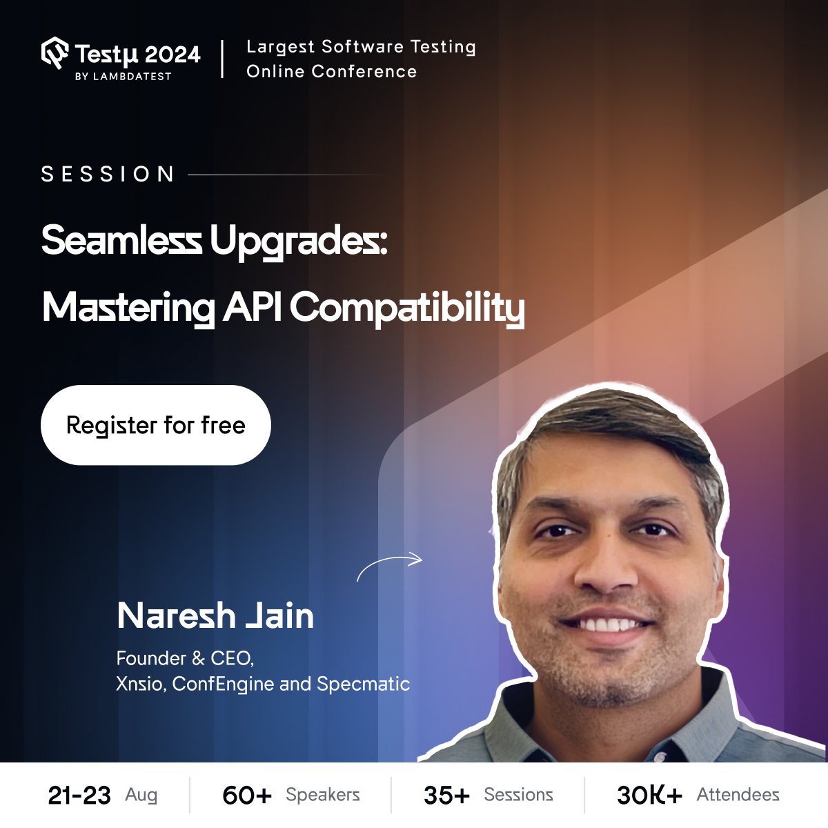 Unlock API Compatibility with <a href="/nashjain/">Naresh Jain</a>, Founder &amp; CEO of Xnsio, ConfEngine &amp; <a href="/specmatic/">Specmatic</a>, as a speaker at #TestMuConf 2024 🔗  bit.ly/testmuconf_2024

Register for your free spot now to explore the challenges of API compatibility, real-world success stories, and more.