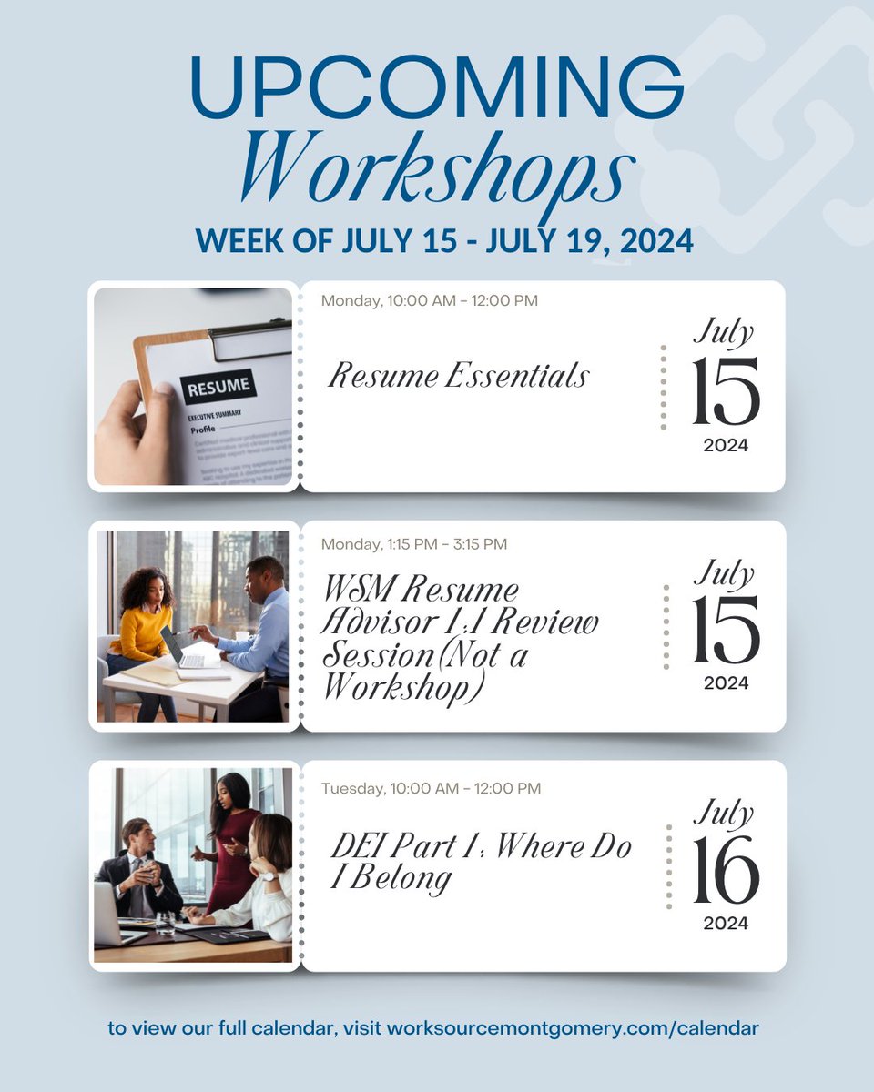 worksourcemd's tweet photo. π π Upcoming Workshops for July 15-19, 2024.
Sign up today at https://t.co/2wdF8L43O9 or click the link in our bio!
Note: schedule is subject to change
Be sure to share with your networks πΌ
#wsmworkshops #jobseeker #mocojobs https://t.co/mdDA2Aw8lv