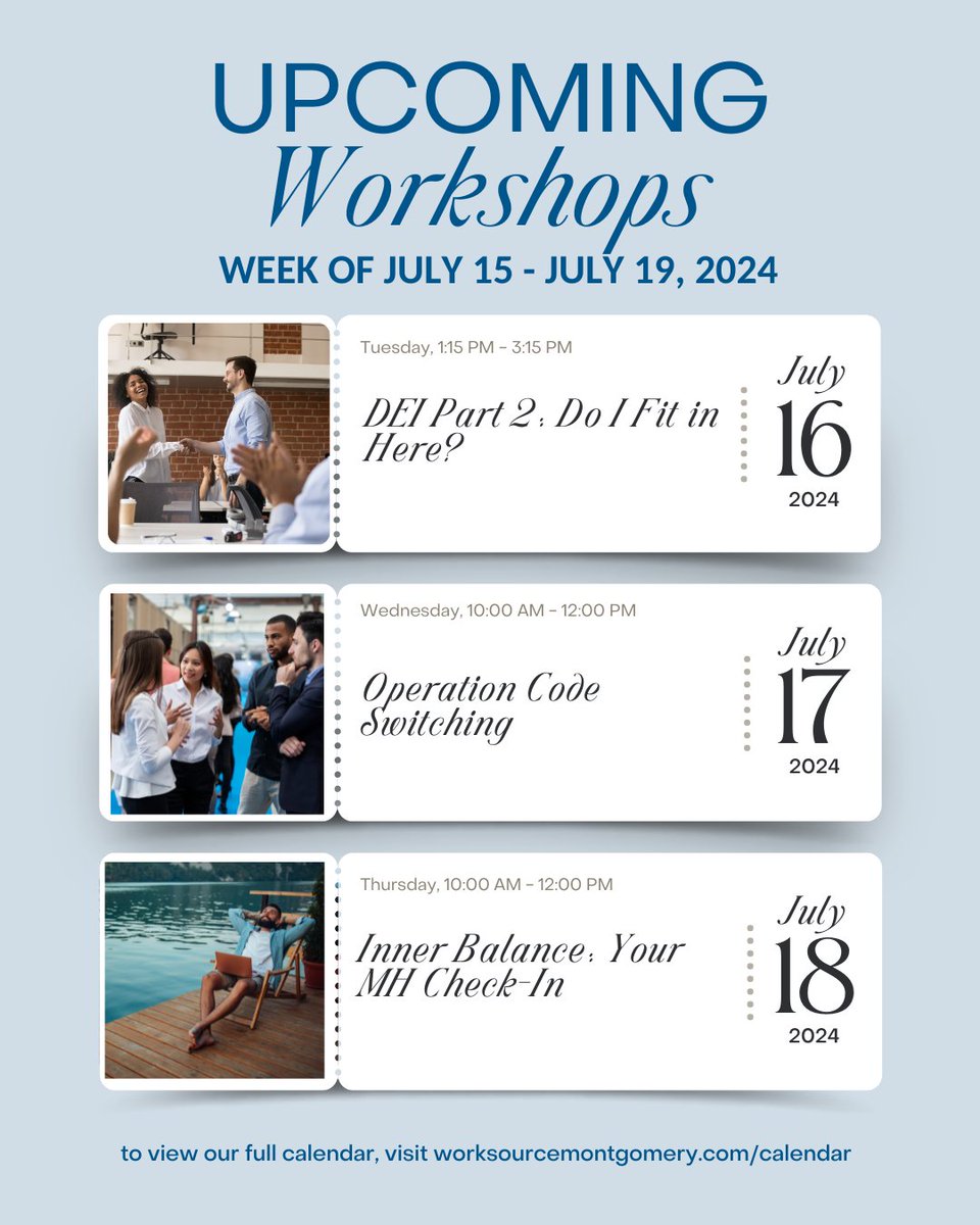 worksourcemd's tweet photo. π π Upcoming Workshops for July 15-19, 2024.
Sign up today at https://t.co/2wdF8L43O9 or click the link in our bio!
Note: schedule is subject to change
Be sure to share with your networks πΌ
#wsmworkshops #jobseeker #mocojobs https://t.co/mdDA2Aw8lv