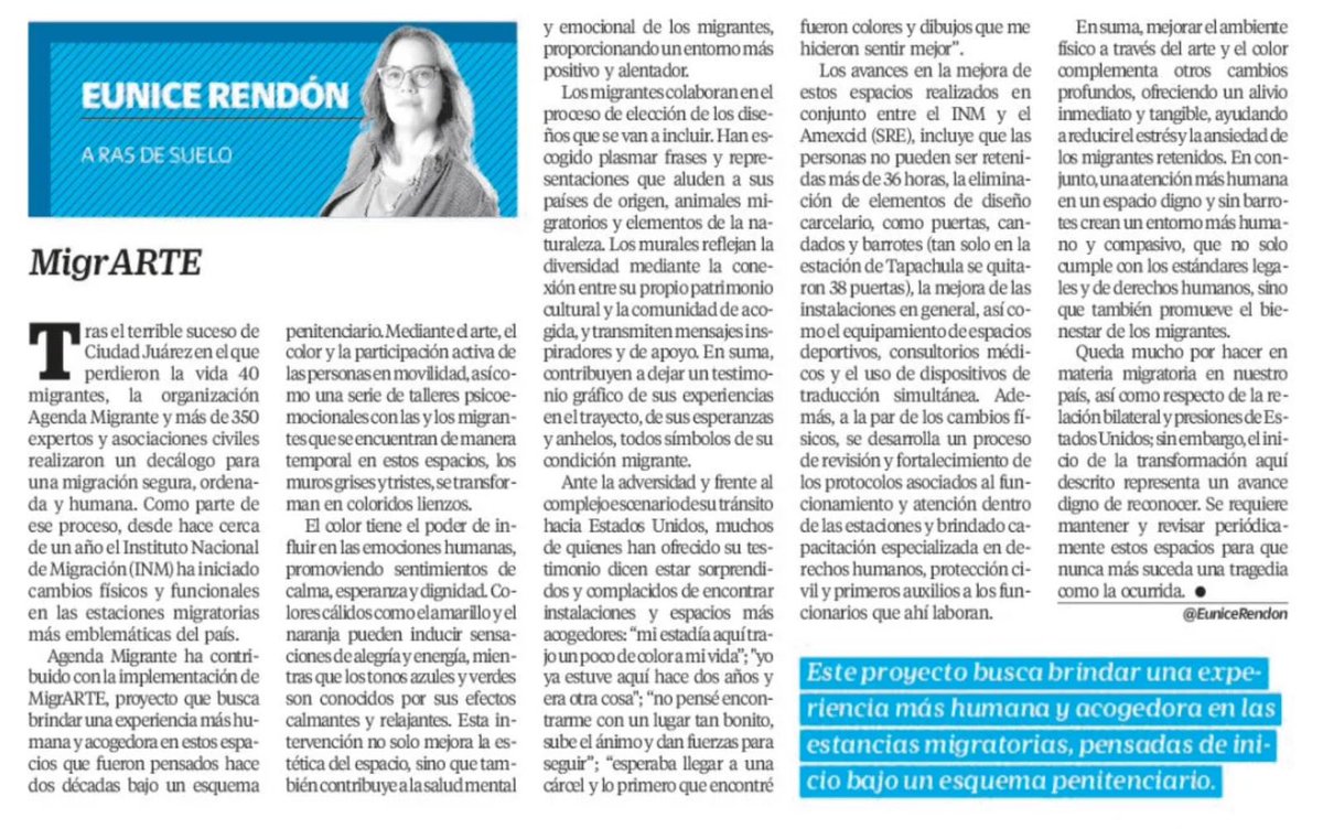 #MigrARTE mi columna en el <a href="/El_Universal_Mx/">El Universal</a>  sobre la transformación colorida de las #EstacionesMigratorias - cambiar el ambiente físico mediante el color complementa otros cambios profundos, ofreciendo un alivio inmediato y tangible, ayudando a reducir el estrés y la ansiedad de