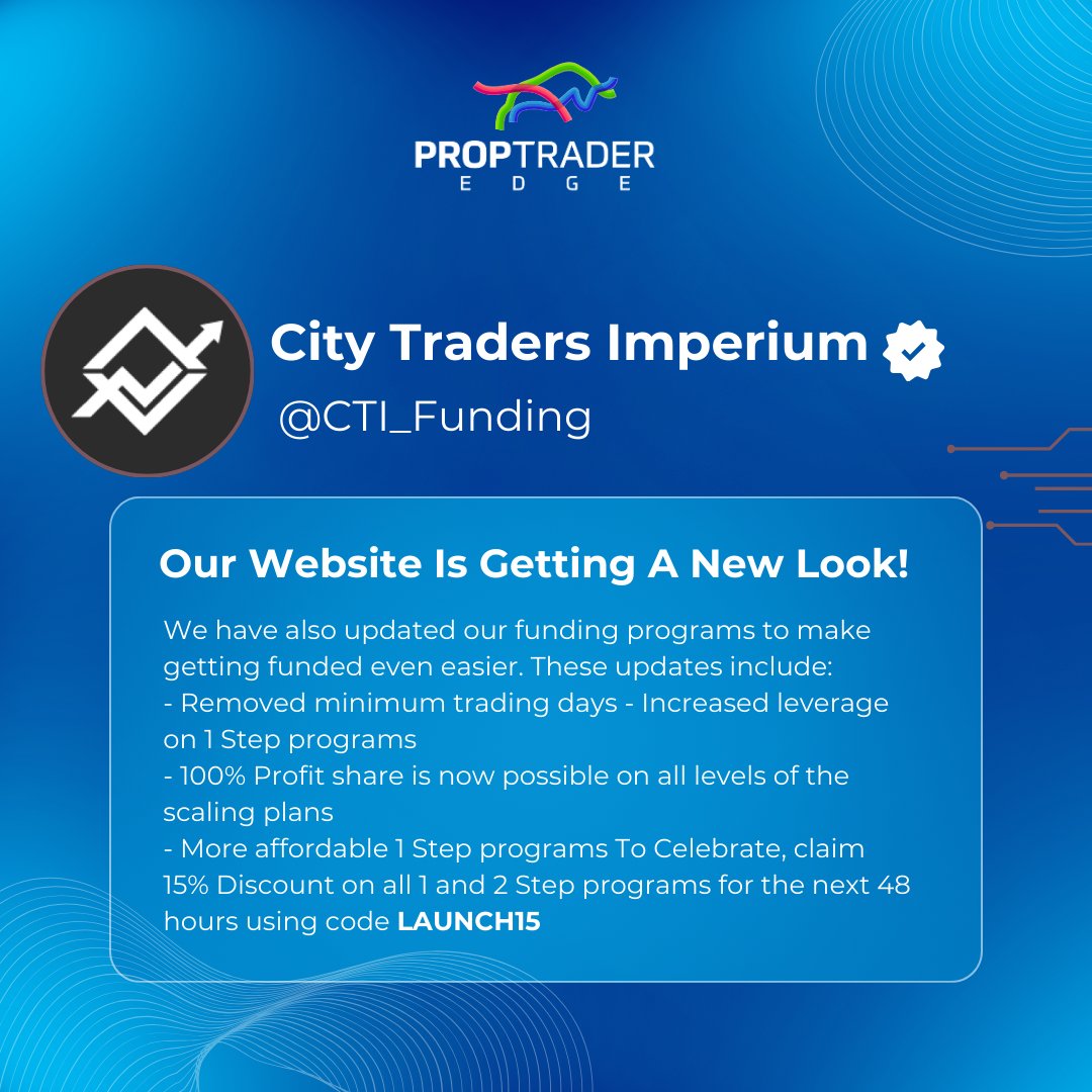 proptraderedge's tweet photo. Exciting news from @CTI_Funding! 🎉 Their website is getting a fresh new look! 🚀 To celebrate, enjoy 15% off our 1-step and 2-step programs. Don't miss out on this limited-time offer! 💥

🔗 https://t.co/OGCvHDKXyx 💡

#CTIFunding #WebsiteUpdate #LimitedTimeOffer https://t.co/uFLL0VYYZC