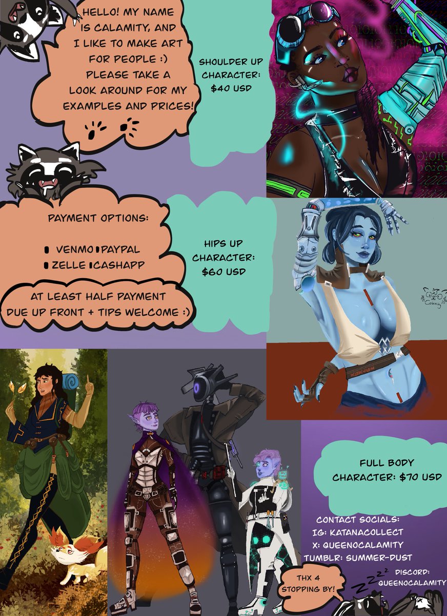 QueenOCalamity's tweet photo. Hi friends! My c commissions are open again, now with fun price poster! 

I can do backgrounds, NSFW and Furries too! If a price isn’t listed, i’ll likely still do it, just ask :) 

Feel free to dm me on here, or email! And feel free to share! https://t.co/PX4a4ieucp