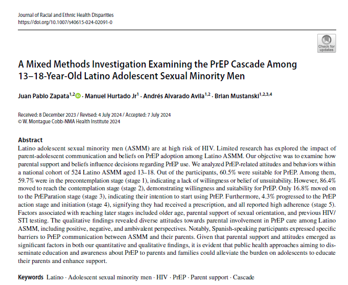 Mustanski's tweet photo. Out today! As @DrVincentRamos shared at the recent PACHA meeting, CDC data on #HIV incidence trends  2010-2022 showed 95% increase among young #Latino #MSM ages 25-34. Here we report the first data on the #PrEP cascade among Latino MSM ages 13-18. Low uptake at 4.3% on PrEP calls for innovative interventions. Mixed-methods analyses highlight the role of parents and access to HIV testing as barriers or facilitators. Kudos to @JuanPablo_Zap @andrespsyc & Manuel Hurtado for leading this paper using @SMART_squad @proyecto_smart data. This intervention is the first in the @CDC_HIV Compendium to address PrEP in teens. Learn more about EN/ES version in those accounts. Thanks to @NIMHD for funding. https://t.co/Jmdg3Sazof @HIVGov @LatinoCommAIDS