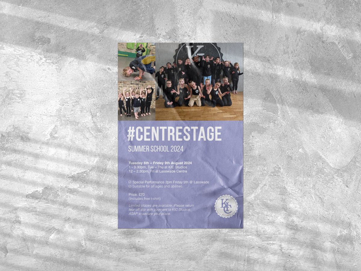 SUMMER SCHOOL 2024

Bookings are still open for our #centrestage Summer School running from Tuesday 6th - Friday 9th August.
•
KIC Team x