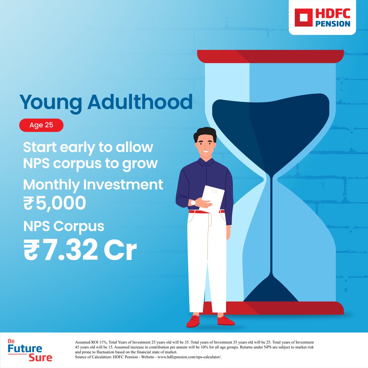 HDFCPension's tweet photo. Time is of essence when it comes to being Future Sure.
Start securing your retirement by investing in NPS from a young age.

To open your National Pension System account visit our website https://t.co/goZASQndYk

#NPS #FutureSecure #FinancialFreedom 
@PFRDAOfficial https://t.co/YnUnAI2p89