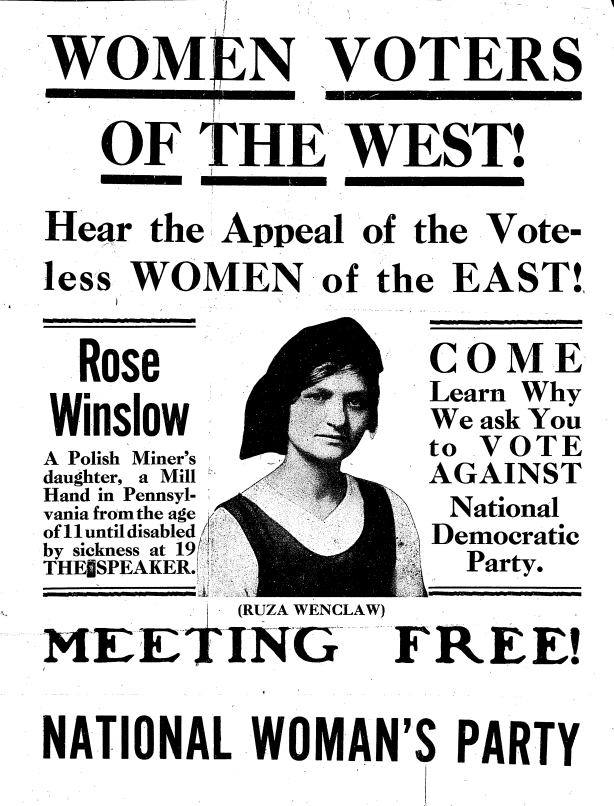 JanetLindenmuth's tweet photo. A 1916 National Woman's Party flyer for a speech by Rose Winslow (Ruza Wenclawska) https://t.co/wgd4sbwUxC