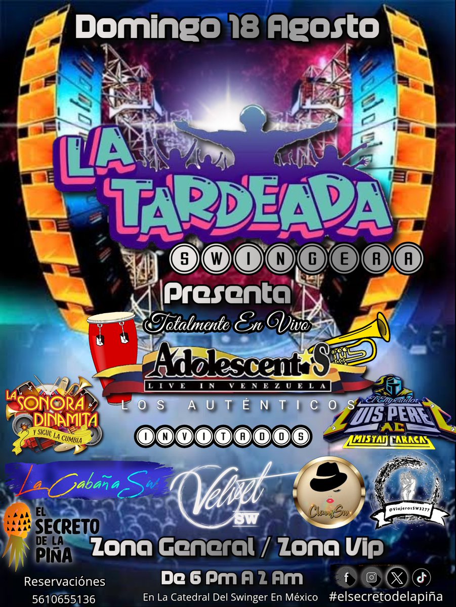 Tardeada Swingera🍍
Salsa🇻🇪 Vs Cumbia🇨🇴
Dos Grandes Orquestas 
🎺 Totalmente En Vivo 🎺
Domingo 1️⃣8️⃣ De Agosto
#elsecretodelapiña
<a href="/secretopinaswmx/">El Secreto De La Piña Sw Mx🇲🇽</a>
       
💫 Invitados 
<a href="/VELVETCDMX/">💫 Velvet Sw, México 💫</a> 
<a href="/larryfromhell1/">♠️Luiss Anfitrión de Velvet Mexico.</a> 
<a href="/conejitacris/">Conejitacris</a> 
<a href="/SwCabana/">La Cabaña Sw</a> 
<a href="/PeritaSw/">Perita Cabaña Sw</a> 
<a href="/ViajerosSW3277/">Viajeros SW</a>
💥Claus Sw🍍

📱5610655136