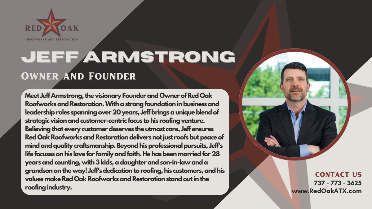 Meet the man who has been behind Red Oak Roofworks and Restoration from the very start: Jeff Armstrong!

As the owner and founder, he ensures the company is providing top-quality roofing services to our customers.

Learn more: RedOakATX.com

#meettheteam #TexasRoofing