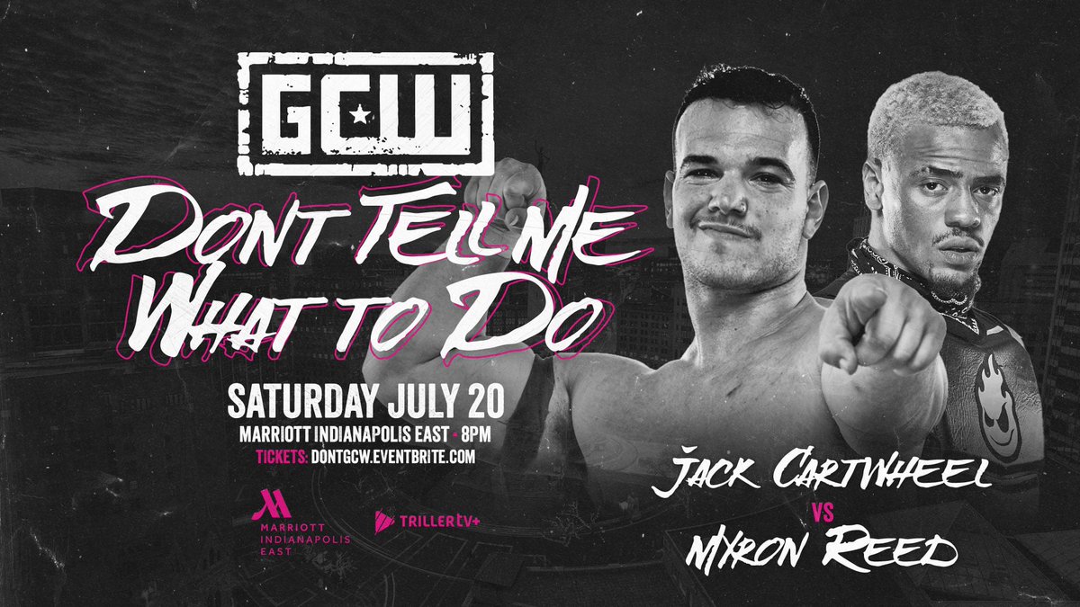 GCWrestling_'s tweet photo. Due to Injury, Jordan Oliver &amp; VIF will not compete on 7/20 in Indianapolis.

The following changes have been made to the card:

Myron Reed
vs
Jack Cartwheel

Mutha Fatha
vs
Blake/Mercer

Rejects
vs
Cole/Manders

Tix:
https://t.co/aMgTIy30Yz

Watch LIVE on @FiteTV+
Sat 7/20 - 8PM https://t.co/HsGdtDwI93