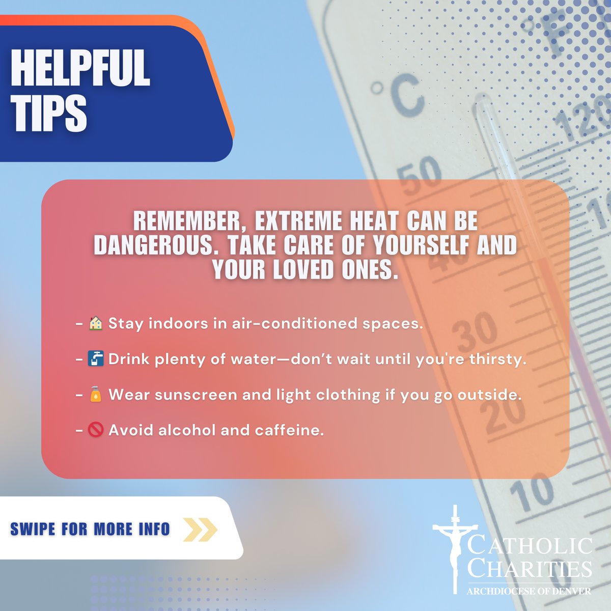 From July 12-14, Denver is opening recreation centers and libraries as cooling centers to help beat the heat! Samaritan House shelters remain open 24/7, with extended hours for women’s emergency shelter at Samaritan House on Lawrence. We’ve also prepared emergency heat kits.